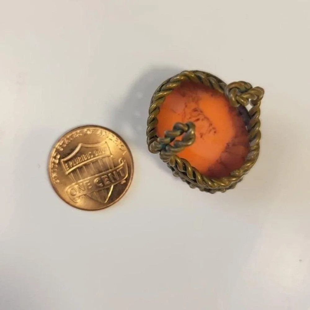 Vintage Boho Oval Huge Unique Coral Stone Ring Antique Brass Setting Adjustable